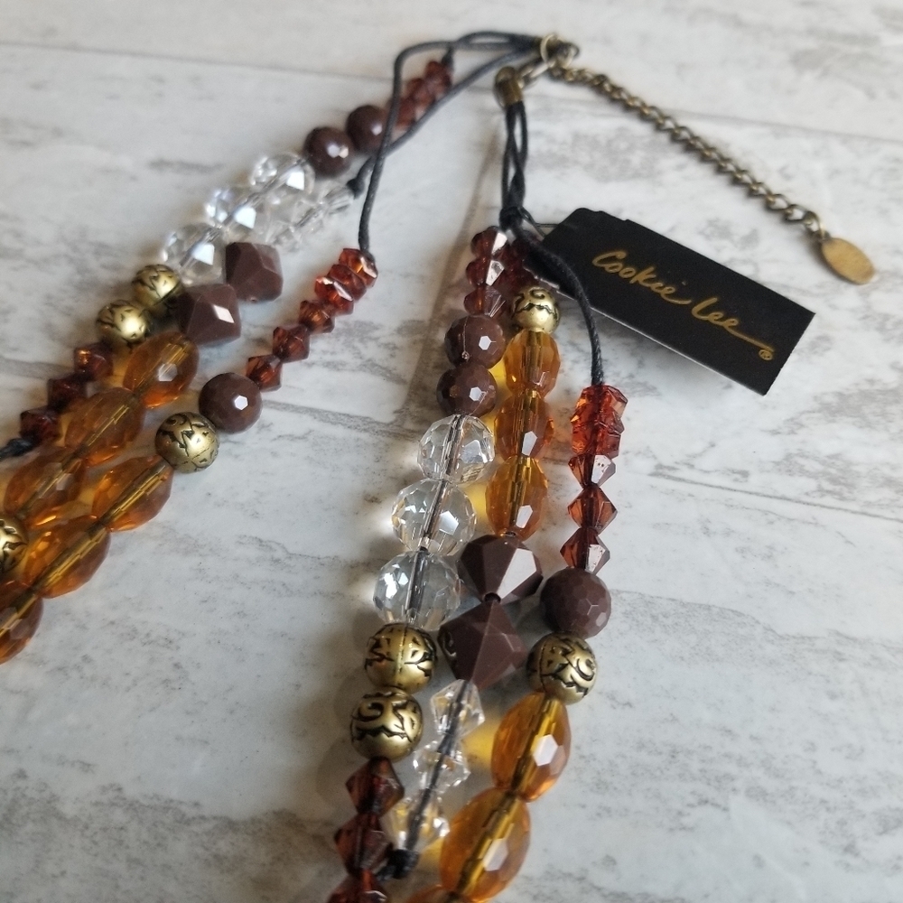 Cookie Lee glass bead necklace brown orange gold NWT - Picture 4 of 11